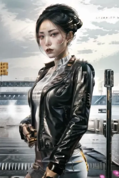 (camera two shot | multiview), 1 adult woman, stoic facial expression, 
CyberHanako, sharp focus, 
spltc with spikes, wearing A leather jacket with spikes,
detailed clothing, whimsical composition, 8k