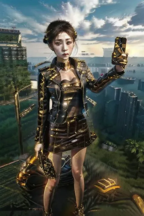 1 adult woman, satisfied facial expression,
CyberHanako, sharp focus, (skyscraper, standing on scyscraper, taking a selfie with smartphone),
spltc with spikes, wearing A leather jacket with spikes,
detailed clothing, whimsical composition, 8k