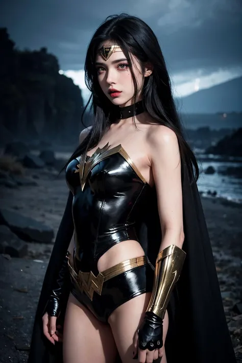 One female, red_eyes, black hair, extreme long hair, straight_hair, run down hair, wonder woman suit, sad_face, masterpiece, best quality, ultra detailed, (detailed background), perfect shading, high contrast, best illumination, extremely detailed, ray tracing, realistic lighting effects, neon noir illustration, perfect generated hands, looking at both hands with sadness, full-body_portrait, (black lipstick), black eyeliner, black eye shadow:1.3, pale skin:1.4, black fingernails, black cape, fur cape & long. Background fire-around, rocks, ruins, rain-fire, lightning in the distance.