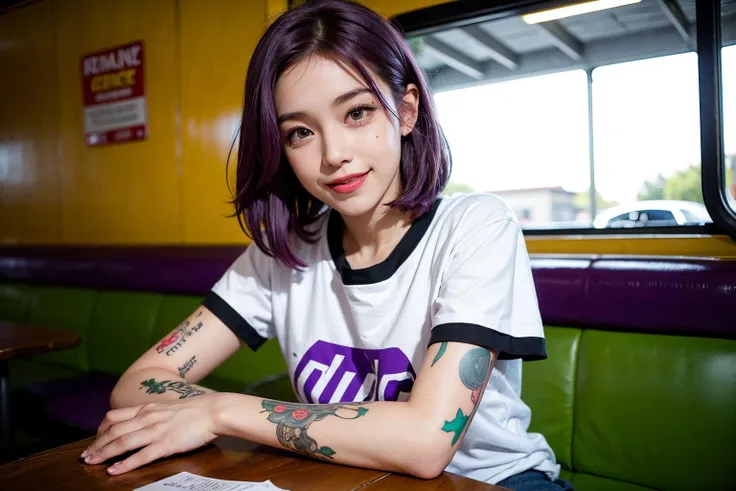 street photography photo of a young woman with purple hair, smile, happy, cute t-shirt, tattoos on her arms, sitting in a 50s diner