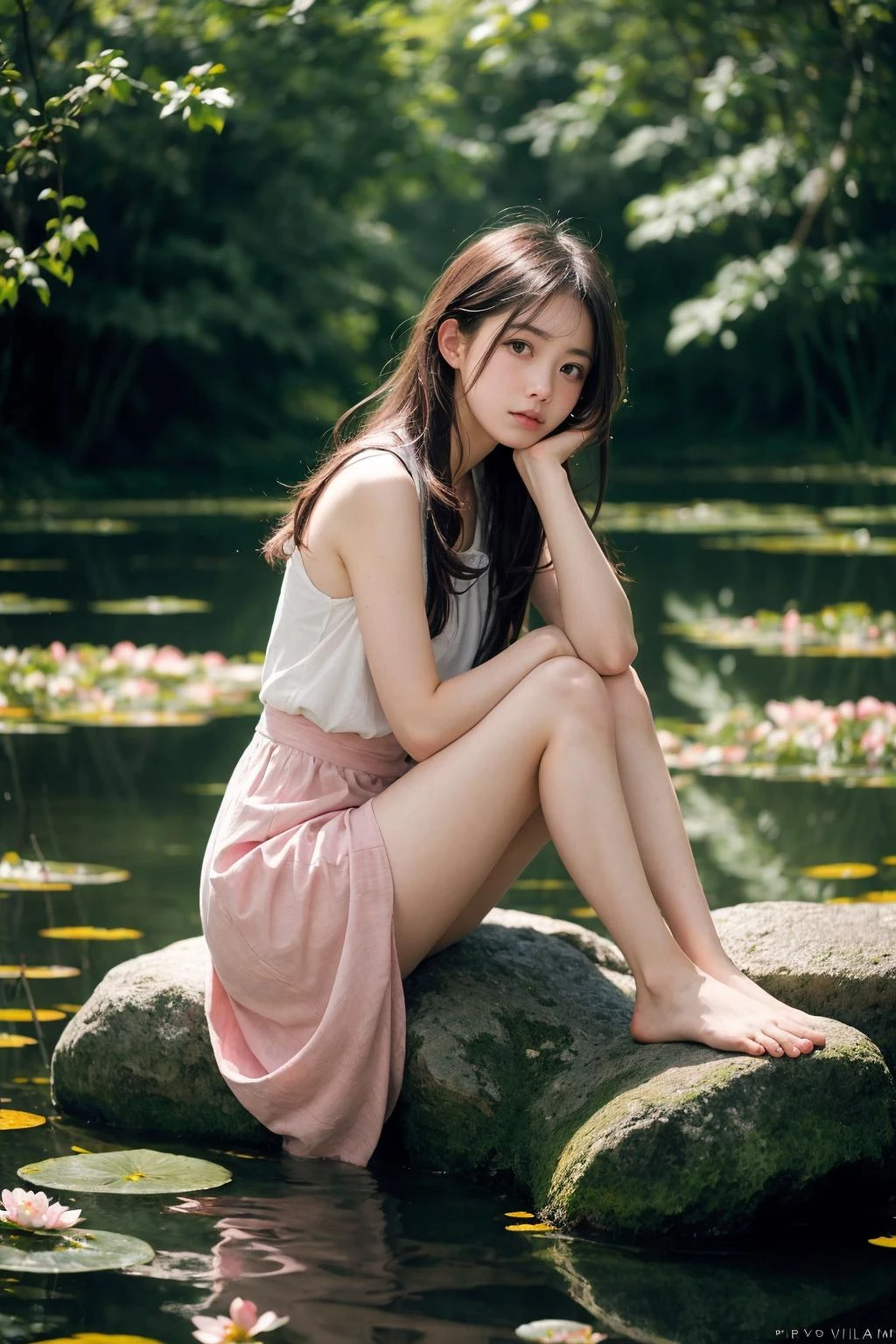 a girl sitting on a rock in the water, fantasy art, beautiful pink little alien girl, soft light misty yoshitaka amano, very sad emotion, reflecting flower, her hands are red roots, magali villeneuve and monet, detailed art in color, , sitting at a pond, timid, 1 girl, masterpiece, best quality