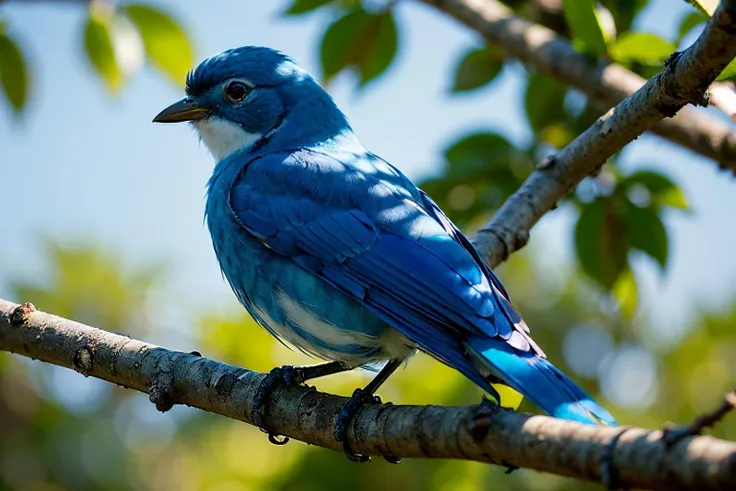 (blue bird),(sitting on a tree branch),(close up),(photorealistic),(detailed feathers),(vivid colors),(soft sunlight),(nature backdrop),(bokeh),(ultra-detailed eyes),(sharp focus),(realistic textures:1.1),(fine details),(crisp outlines),(high definition),(lush green leaves),(intense blue sky),(slightly blurred background)