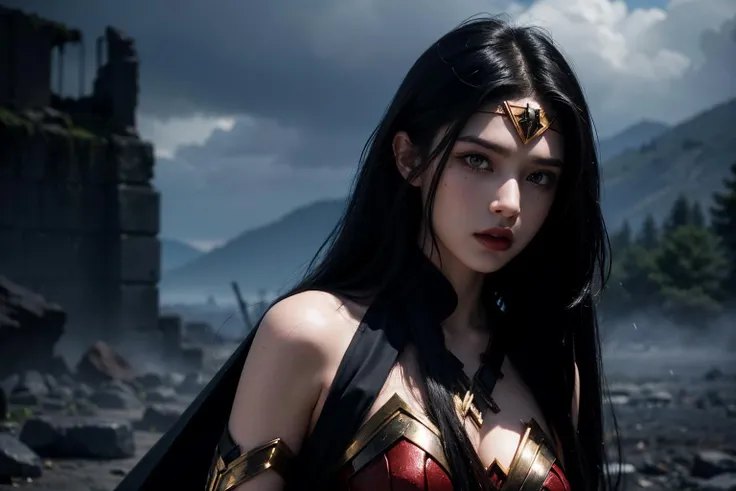 One female, red_eyes, black hair, extreme long hair, straight_hair, run down hair, wonder woman suit, sad_face, masterpiece, best quality, ultra detailed, (detailed background), perfect shading, high contrast, best illumination, extremely detailed, ray tracing, realistic lighting effects, neon noir illustration, perfect generated hands, looking at both hands with sadness, full-body_portrait, (black lipstick), black eyeliner, black eye shadow:1.3, pale skin:1.4, black fingernails, black cape, fur cape & long. Background fire-around, rocks, ruins, rain-fire, lightning in the distance.
