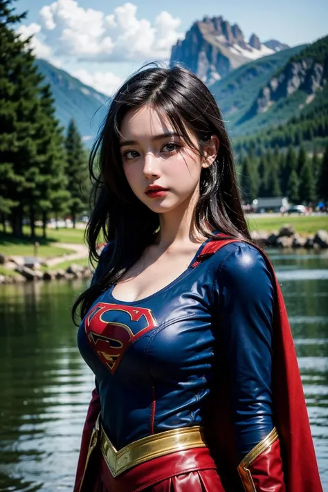 アニメ,  with big breasts Black hair with blue tips Blue eyes Wearing glasses With a tight superhero outfit 