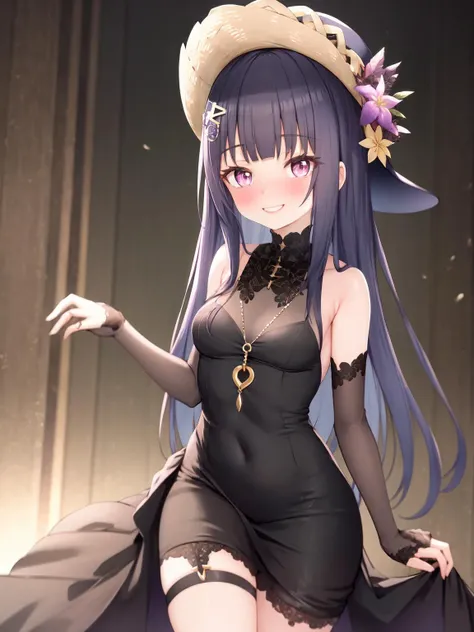 masterpiece, best quality, 1girl, solo, long_hair, blunt bangs, purple_hair, hat, dress, hair ornament, smile, <lora:gmk1-10:1>,