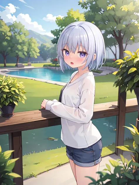 masterpiece, best quality, 1girl, solo, short_hair, purple_hair, shorts, shirt, outdoors, open_mouth, looking_at_viewer, standing,<lora:gmk2up-000020:1>