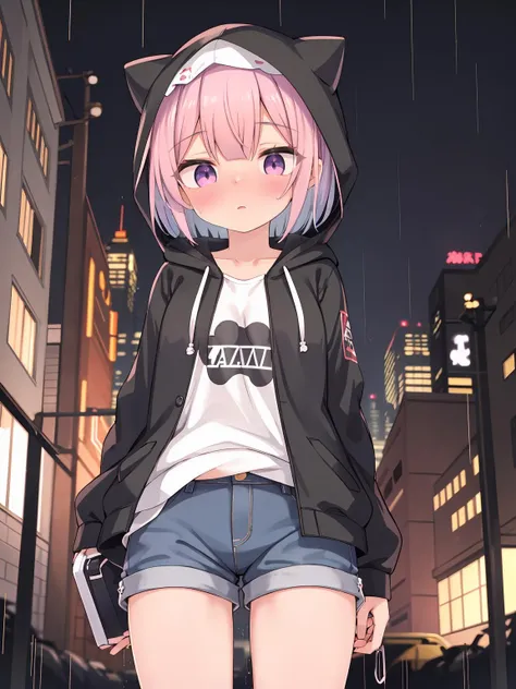 masterpiece, best quality, 1girl, solo, short_hair, purple_hair, shorts, shirt, hood_up, outdoors, rain, night, neon, looking_at_viewer, standing, <lora:gmk2up-000020:1>
