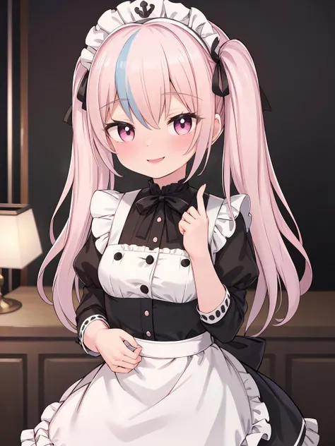 masterpiece, best quality, 1girl, solo, twintails, silver_hair, pink_hair, maid_headdress, maid, multicolored hair, hair_ribbon, smile,<lora:gmk2-000020:1>