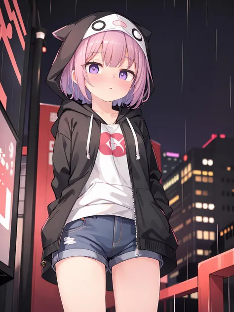 masterpiece, best quality, 1girl, solo, short_hair, purple_hair, shorts, shirt, hood_up, outdoors, rain, night, neon, looking_at_viewer, standing, <lora:gmk2-000020:1>