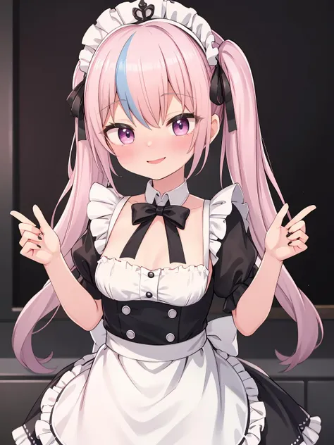 Girl with pink hair, long double-tailed hairstyle, ((small pink bushy eyebrows)), wearing ta clothing, marked vagina, loli(Zankuro) drawing style by zankuro artist, Zancro style, image uploaded to R34, flirty smile , ((showing the pubes)) in a restaurant, facing the camera, camera from above, looking with a very flirtatious face, with her breasts out, inviting to have sex with her legs open, stretching her hands to be taken in her arms