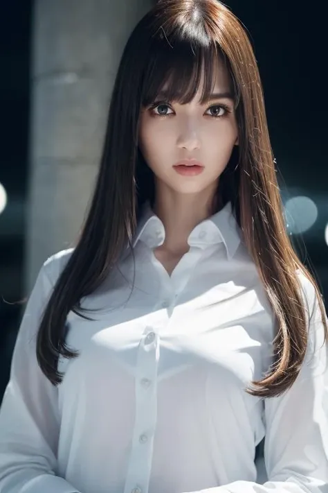 1girl,(wearing a business blouse:1.2),(RAW photo, best quality), (realistic, photo-realistic:1.4), masterpiece, an extremely delicate and beautiful, extremely detailed, 2k wallpaper, Amazing, finely detail, extremely detailed CG unity 8k wallpaper, ultra-detailed, highres, soft light, beautiful detailed girl, extremely detailed eyes and face, beautiful detailed nose, beautiful detailed eyes,cinematic lighting,city lights at night,perfect anatomy,slender body,,(long hair with bangs),(film grain:1.2) <lora:matsudairariko_lora:0.7>