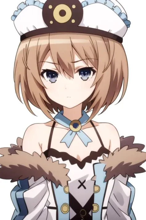 solo, 1girl, looking at viewer, 2D, anime, anime coloring, upper body, (simple background, solid white background:1.3), <lora:blanc-choujigenneptune:0.8>, blanc (neptunia), hat, bare shoulders, closed mouth