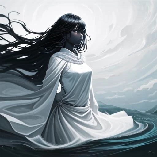 1girl, solo, long hair, water, colored skin, medium breasts, floating hair, blackSkin , detailed, illustration, trending artstation, digital painting,symmetric,atmospheric lighting <lora:obsidianSkin(promptisBlackSkin):1>,white sleeved dress, long flowy hair, white robe,