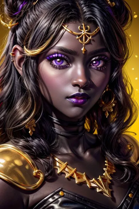 masterpiece, best quality, high quality, highres, ultra-detailed, portrait, face close up,
woman,
golden hair, long hair,
(blackSkin),<lora:obsidianSkin(promptisBlackSkin):1>,
purple pupils,
(golden lipstick, golden lips), thick lips,
jewelry,
silver background,dark background