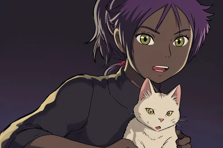 hyper detail, chiaroscuro, 1girl, cat, holding animal, holding kitten, black cat, depth of field, black background, corneo_yoruichi, absurdres, blackskin, realistic:, short hair, open mouth, young, masterpiece, best quality, highly detailed