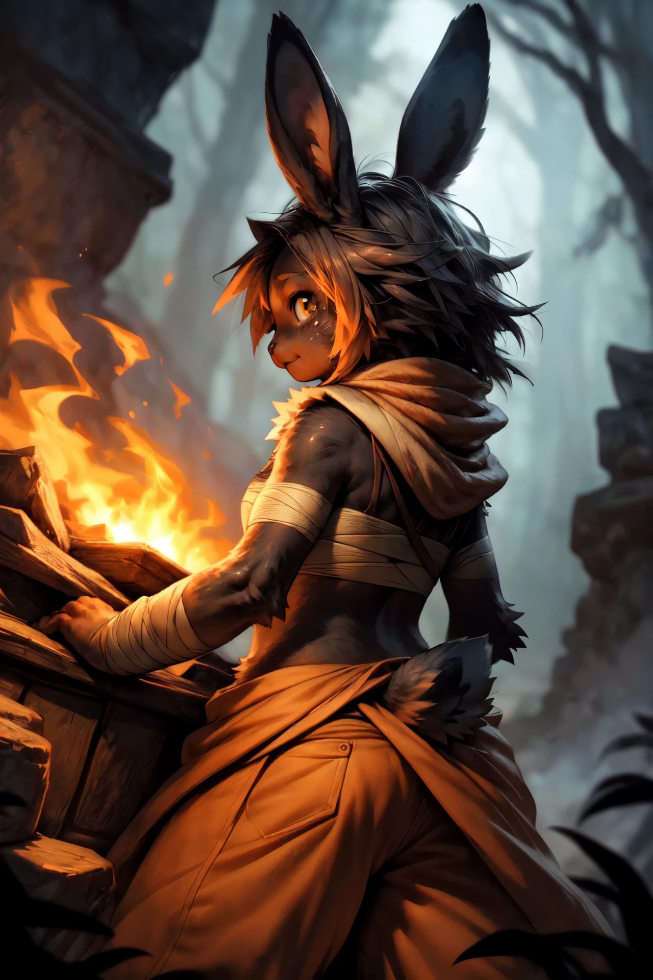 <lora:add_detail:0.7>, <lora:Furtastic_Detailer:0.5>,
ultra realistic, wildlife photography, masterpiece, in action,
rear view, (three quarter back) view, backside, over the shoulder, low angle,
(furry) (anthro) female, ((black (bunny))), <lora:Bilac:0.9>, bilac, rabbit girl, brown fur, short hair, brown hair, yellow eyes, suspenders, bandages, rabbit ears, (orange pants),
detailed and extremely fluffy body fur, (chibi), glossy fur, young adult, thick thighs, cute, young,
barbarian, warrior,
Cozy Nap, Tucked into a cozy nook with eyes closed in blissful sleep, rugged, wild, ferocious,
Circle of the Land Druid outfit, Druidic robes reflecting the natural terrain of their chosen circle, intricate fantasy chest armor, ornate breastplate, midriff,
uploaded on e621, by Beatrice Ethel Lithiby, by cotora, by Taran Fiddler, (by manmosu marimo:0.3), by Anixaila, by castitas, by totesfleisch8, (by dagasi:0.3),
<lora:blackSkin:0.4> , blackskin,
<lora:FurryCoreV2New:0.4>, furrycore,
<lora:abyssV1.3-000010_1_BODY2:0.2> , abyss style, nature,
<lora:FireElement_concept:0.2> , FireFull, fire skin,
rugged apocalyptic landscape, (nighttime), fire, forest fire, embers, ash, bloodborne, ancient forge, foundry, glowing runes,
fog, mysterious atmosphere, rocks, dark clouds,
high quality photography, 3 point lighting, flash with softbox, 8k, sharp focus, smooth, high resolution, award winning photo, Canon EOS R3, hdr, 80mm, f2.8,
cinematic composition, cinematic lighting, stunningly beautiful, concept art, highly detailed, masterpiece, best quality, realistic, (intricate:0.9), (high detail:1.4), film photography, sharp focus,