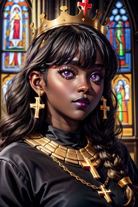 masterpiece, best quality, high quality, highres, ultra-detailed, portrait, face close up,
woman,
golden hair, long hair,
(blackSkin),<lora:obsidianSkin(promptisBlackSkin):1>,
purple pupils,
(golden lipstick, golden lips), thick lips,
crown,
jewelry,
church background,