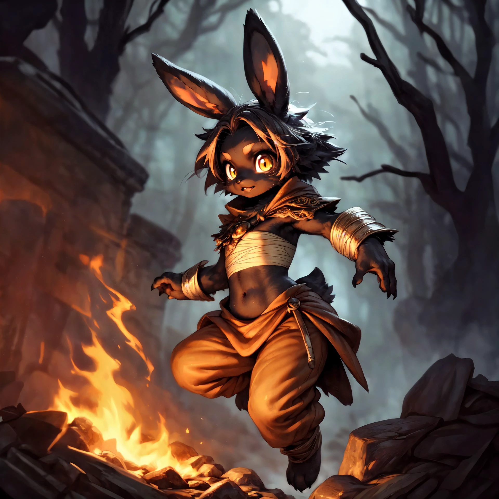 <lora:add_detail:0.7>, <lora:Furtastic_Detailer:0.5>,
ultra realistic, wildlife photography, masterpiece, in action,
three-quarter view, side view, slightly above,
(furry) (anthro) female, ((black (bunny))), <lora:Bilac:0.9>, bilac, rabbit girl, brown fur, short hair, brown hair, yellow eyes, suspenders, bandages, rabbit ears, (orange pants),
detailed and extremely fluffy body fur, (chibi), glossy fur, young adult, thick thighs, cute, young,
barbarian, warrior,
Leaping, dynamic mid-air pose, graceful leap, one leg tucked beneath while the other extends behind, tail curves in sync with her arching back, eyes sparkle with animated energy, rugged, wild, ferocious,
Druid outfit, Earthy-toned robes or hides with nature-themed accessories, intricate fantasy chest armor, ornate breastplate, midriff,
uploaded on e621, by Beatrice Ethel Lithiby, by cotora, by Taran Fiddler, (by manmosu marimo:0.3), by Anixaila, by castitas, by totesfleisch8, (by dagasi:0.3),
<lora:blackSkin:0.4> , blackskin,
<lora:FurryCoreV2New:0.4>, furrycore,
<lora:abyssV1.3-000010_1_BODY2:0.2> , abyss style, nature,
rugged apocalyptic landscape, (nighttime), fire, forest fire, embers, ash, bloodborne, ancient forge, foundry, glowing runes,
fog, mysterious atmosphere, rocks, dark clouds,
high quality photography, 3 point lighting, flash with softbox, 8k, sharp focus, smooth, high resolution, award winning photo, Canon EOS R3, hdr, 80mm, f2.8,
cinematic composition, cinematic lighting, stunningly beautiful, concept art, highly detailed, masterpiece, best quality, realistic, (intricate:0.9), (high detail:1.4), film photography, sharp focus,