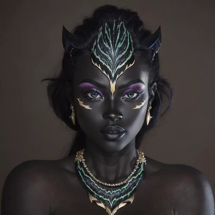 mid length portrait of the face of a beautiful black woman, obsidian skin, black skin, blackskin, very dark skin, detailed eyes, detailed lips, detailed face, detailed skin, opulent jewellery, 8k, raw, professional model, melanism+++