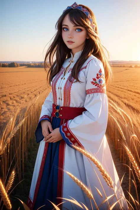 professional photo of girl, Embroidery, russia, red blue white, intricate, detailed,
detailed skin, detailed eyes,
photo made with Canon EOS, volumetric light, wheat field, 
popular on artstation, popular on deviantart, popular on flicker,
<lora:Embroidery:1>