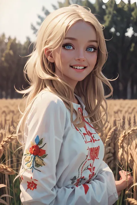 professional photo of of bb, Embroidery, russia, red blue yellow, intricate, detailed, detailed skin, detailed eyes, photo made with Canon EOS, volumetric light, wheat field, popular on artstation, popular on deviantart, popular on flicker, <lora:Embroidery:0.6> ,smile,<lora:barbarabouchet_SD15_v02-000006:0.9>