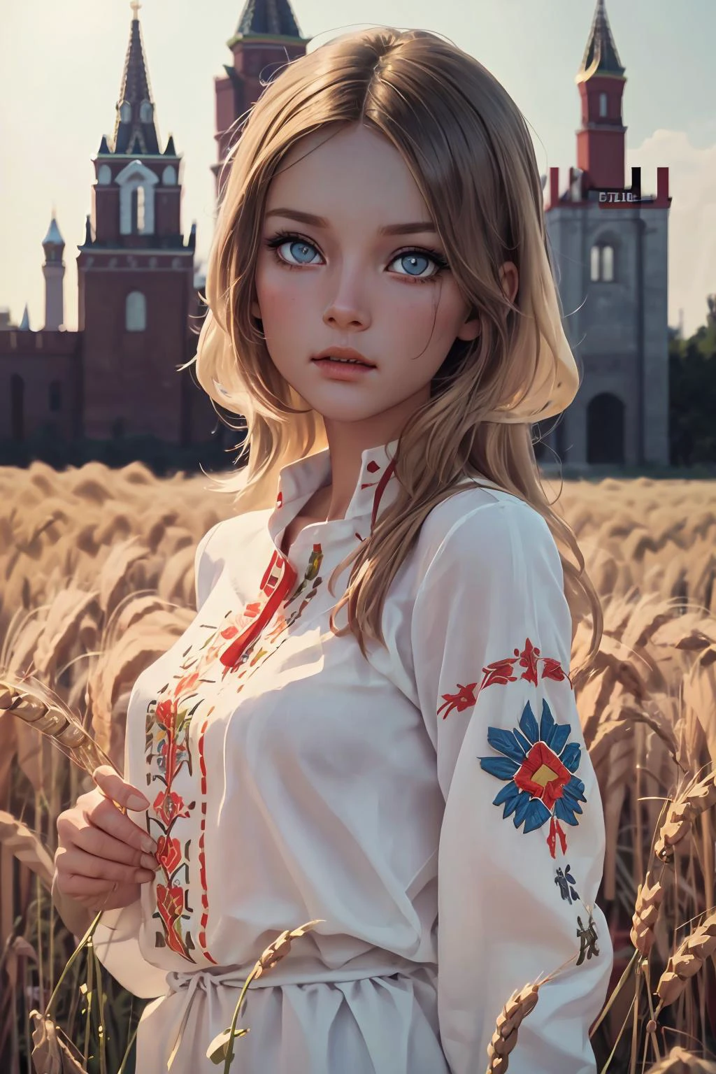 professional photo of of bb, Embroidery, russia, red blue yellow, intricate, detailed, detailed skin, detailed eyes, photo made with Canon EOS, volumetric light, wheat field, popular on artstation, popular on deviantart, popular on flicker, <lora:Embroidery:0.7> ,<lora:barbarabouchet_SD15_v02-000006:0.8>