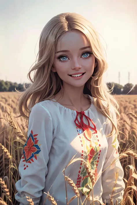 professional photo of  of bb, Embroidery, russia, red blue yellow, intricate, detailed, detailed skin, detailed eyes, photo made with Canon EOS, volumetric light, wheat field, popular on artstation, popular on deviantart, popular on flicker, <lora:Embroidery:0.6> ,smile,<lora:barbarabouchet_SD15_v02-000006:0.9>