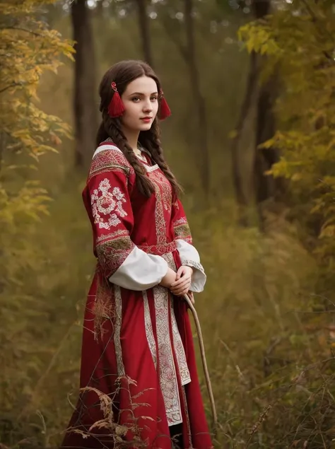 (dark theme:0.6), a girl on red embroidery in forest, <lora:Embroidery:0.7>