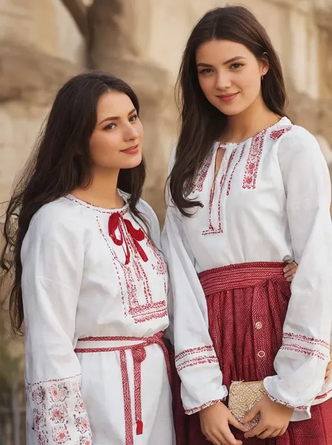 a two girl with white red embroidery, (city, coffee:1.3), natural skin texture, hyperrealism, soft light, sharp, intricate details, hdr, hyperdetailed, <lora:Embroidery:1>