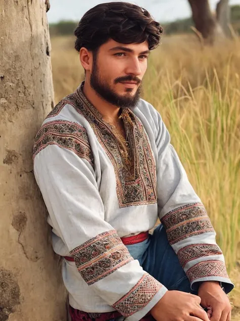 a village man with disheveled hair, embroidery, village, natural skin texture, hyperrealism, soft light, sharp, intricate details, hdr, hyperdetailed, <lora:Embroidery:0.7>