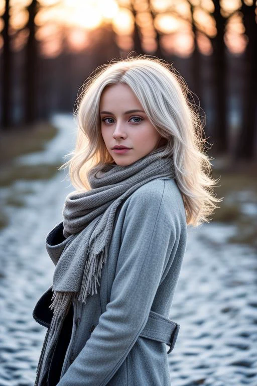 best quality, masterpiece, platinum blonde hair, girl,, winter clothes, windy, frosty, windswept hair, sunset <lora:PAseer-SD15-LCM Quick:1>