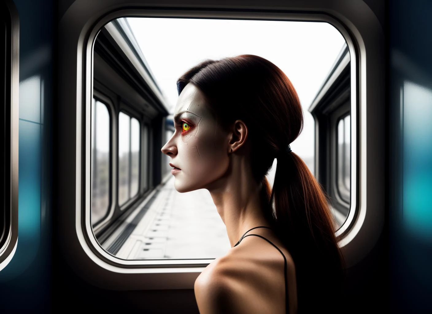 three cornered window, back of head shot of (woman looking out of triangle window:1.1), 3rd person, Looking out the triangular window of a (train:1.1) with triangular windows, triangular windows and triangular, wheels, in a fantasy world,
psychedelic, geometric, vivid light, high contrast, triadic colors, dark shadows, explosions, nuclear mushroom cloud, nuclear explosion, dystopian nightmare,
(beautiful composition),
21 yo woman,