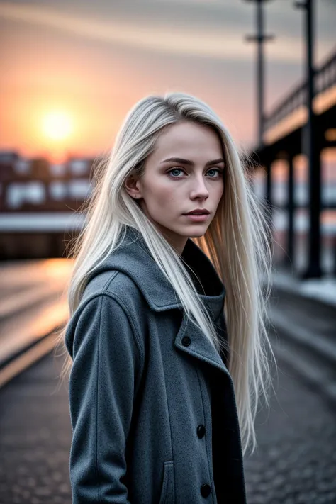 best quality, masterpiece, detailed, realistic, RAW photo, medium close shot, A woman, windy day, winter clothes,  very long platinum blonde hair, windswept hair, sunset <lora:LCM_LoRA_Weights_SD15:1>