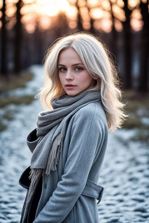 best quality, masterpiece, platinum blonde hair,  girl,, winter clothes, windy, frosty, windswept hair, sunset   <lora:PAseer-SD15-LCM Quick:1>