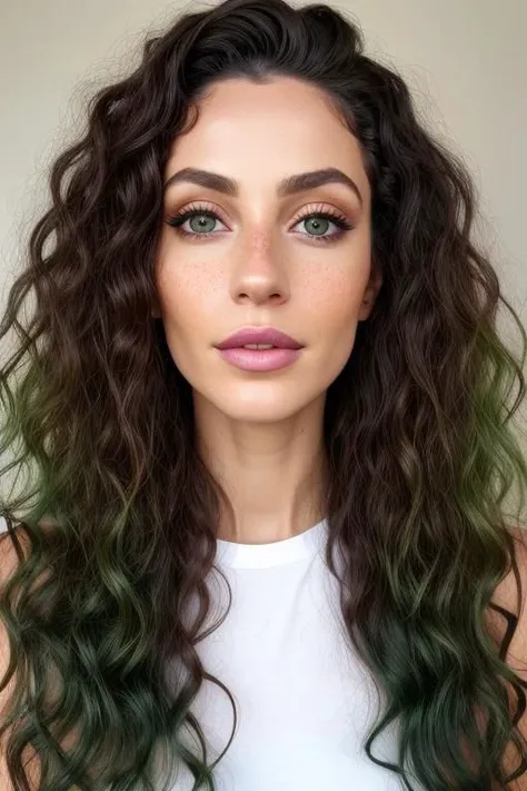 realistic portrait photo of a woman, with indigo hair, hair roots slightly faded, spanish, influencer, light freckles, deep green eyes, no makeup, light lip gloss, beautiful lips, curly hair, instagram