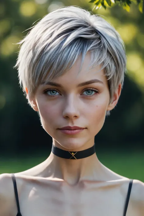 best quality, masterpiece, detailed, realistic, RAW photo, aiming at viewer a girl, (closed mouth:1.4), Gray hair, Pixie cut, Choker neck top, summer, sunny, Radiant illumination, Stunning light, Gorgeously illuminated, Sharpness across the frame, Optimal aperture, Good depth of field