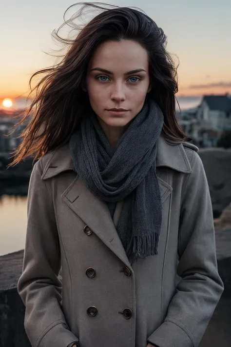 best quality, masterpiece, detailed, realistic, RAW photo, portrait, a woman, sunset, windy, long hair, closed lips, winter clothes