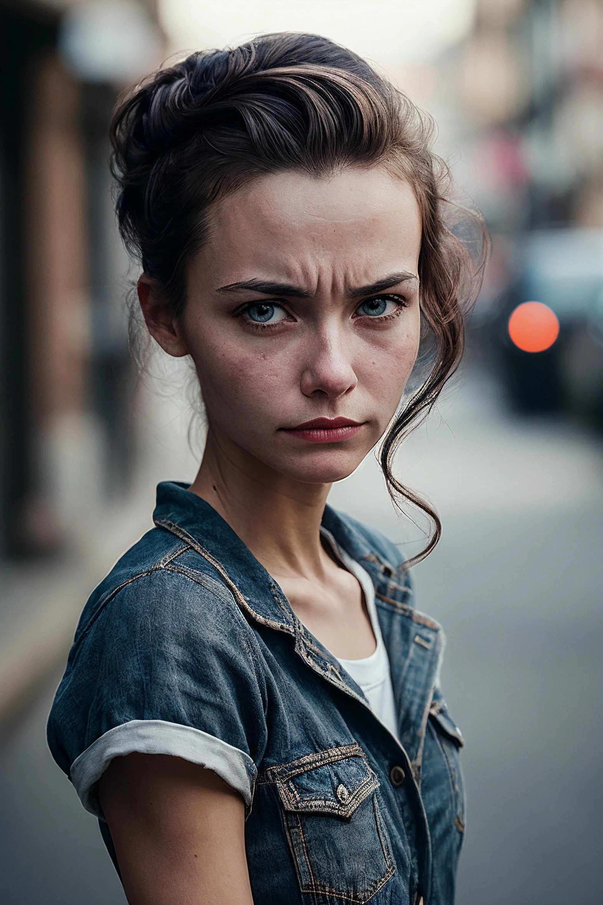 best quality, masterpiece, detailed, realistic, RAW photo, portrait a girl frowning Ombre hair, Victory rolls, rim lighting