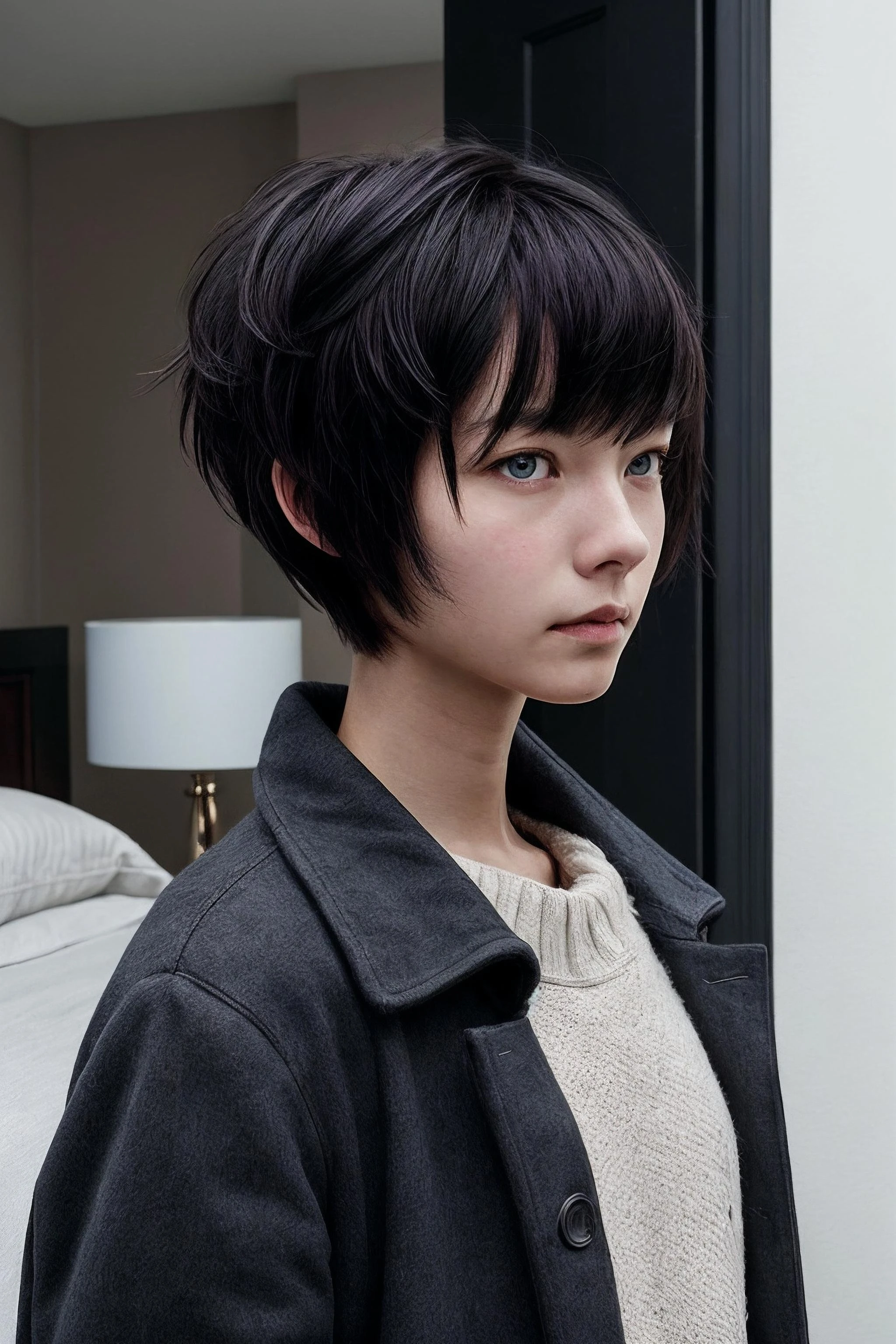 best quality, masterpiece, detailed, realistic, RAW photo, three-quarter view a girl frowning Black hair, Feathered haircut, __single_colors__ coat, bedroom, Partial light