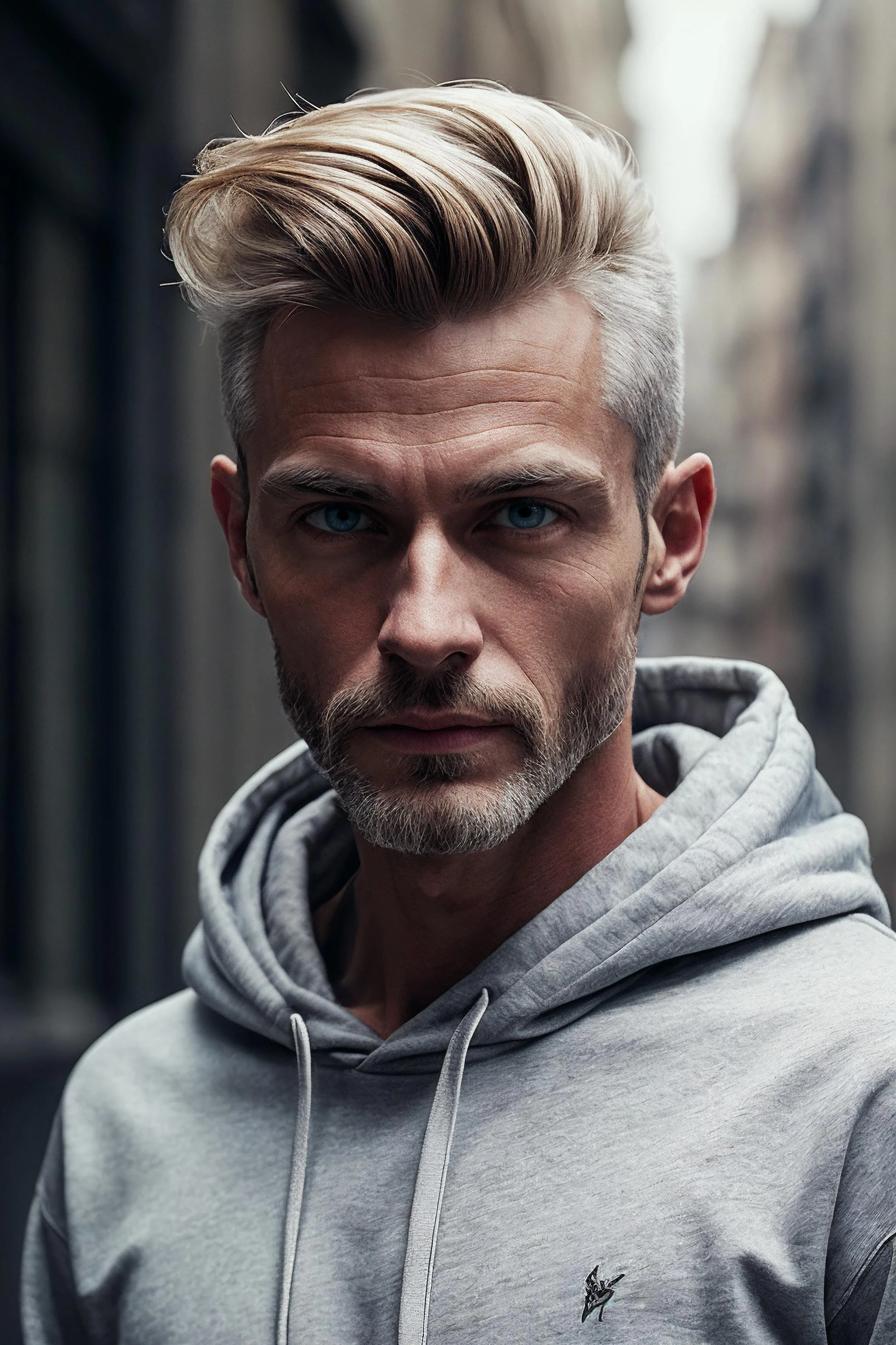 best quality, masterpiece, detailed, realistic, RAW photo, portrait, a man wearing a hoodie, Blonde highlights hair, Caesar cut, rim lighting