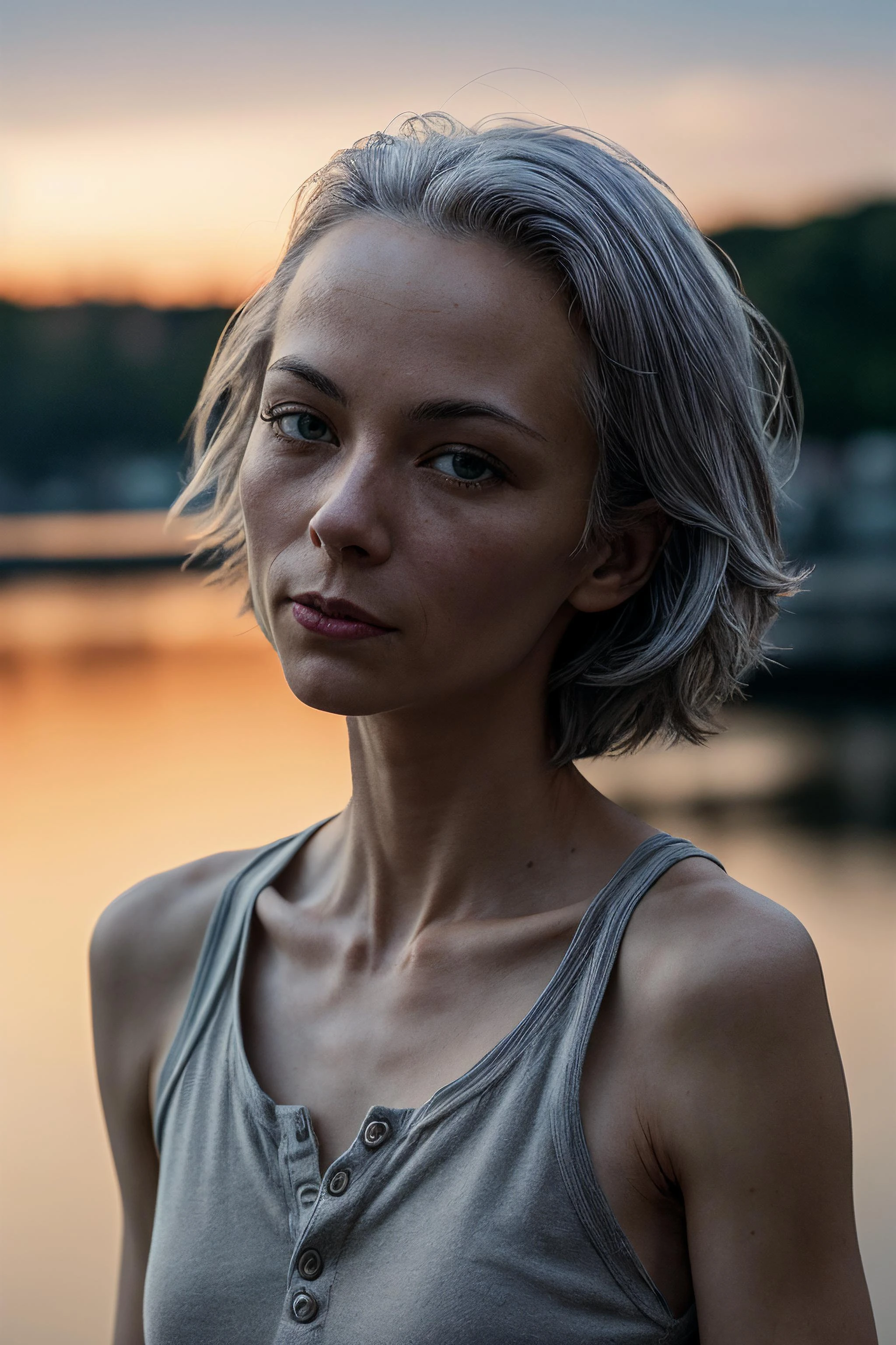 best quality, masterpiece, detailed, realistic, RAW photo, oblique angle a girl, (closed mouth:1.4), Gray hair, Choppy layers, Henley tank top, dusk, sunset, Controlled illumination, Photography lighting, Controlled light, Wide depth of field, Range depth of field, Narrow aperture