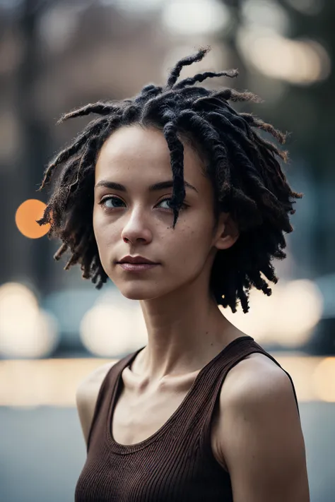 best quality, masterpiece, detailed, realistic, RAW photo, eye level a girl, (closed mouth:1.4), Brown hair, Twist out, Ribbed tank top, winter, Partial light, Side-facing illumination, Dramatic shadows, Bokeh effect, Creatively controlling focus, Artistic photography