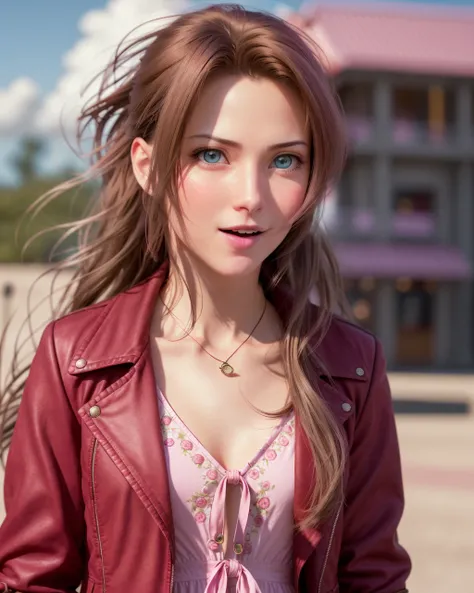 medium shot of 1woman,(smile:0.5),kneeling,head closing in on the viewer,eyes looking at viewer,long untied hair blown by the wind forward,pink dress,maroon jacket,side lighting,rim lighting on hair,shallow sharp depth of field,(highly detailed), (Masterpiece), movie still, (HDR), (8k wallpaper),theme park background
<lora:aerithMeenow_tifaV1:0.4>