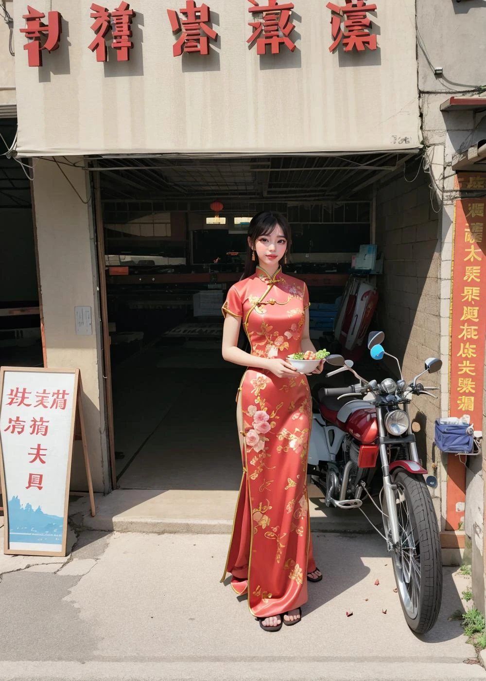 ultra high res, photo, 4k, absurdres, (incredible absurdity), ((masterpiece, best quality)), (wallpaper), (8k hd),perfect_anatomy, realistic,look the viewer, ((smile)), ((full body picture)),((chinese custume, cheongsam)), realistic, smile, long hair, looking at viewer ,<lora:QinzhouOldtown-15:1>, ground vehicle, shop, motorcycle, motor vehicle, food, bicycle, outdoors, scenery, 1girl, solo