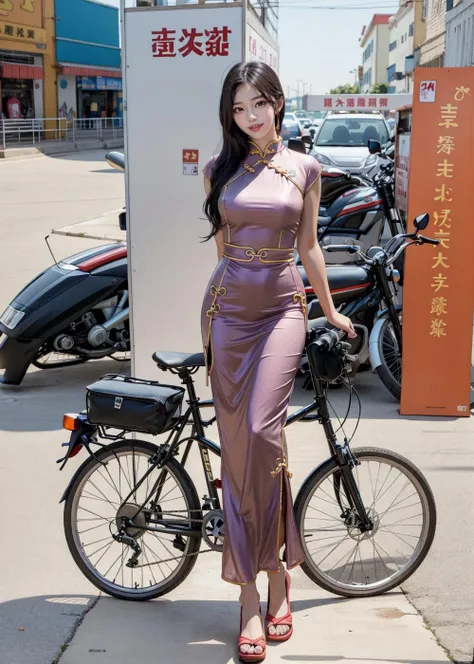 ultra high res, photo, 4k, absurdres, (incredible absurdity), ((masterpiece, best quality)), (wallpaper), (8k hd),perfect_anatomy, realistic,look the viewer, ((smile)), ((full body picture)),((chinese custume, cheongsam)), realistic, smile, long hair, looking at viewer ,<lora:QinzhouOldtown-15:1>, ground vehicle, shop, motorcycle, motor vehicle, food, bicycle, outdoors, scenery, sign, 1girl, solo
