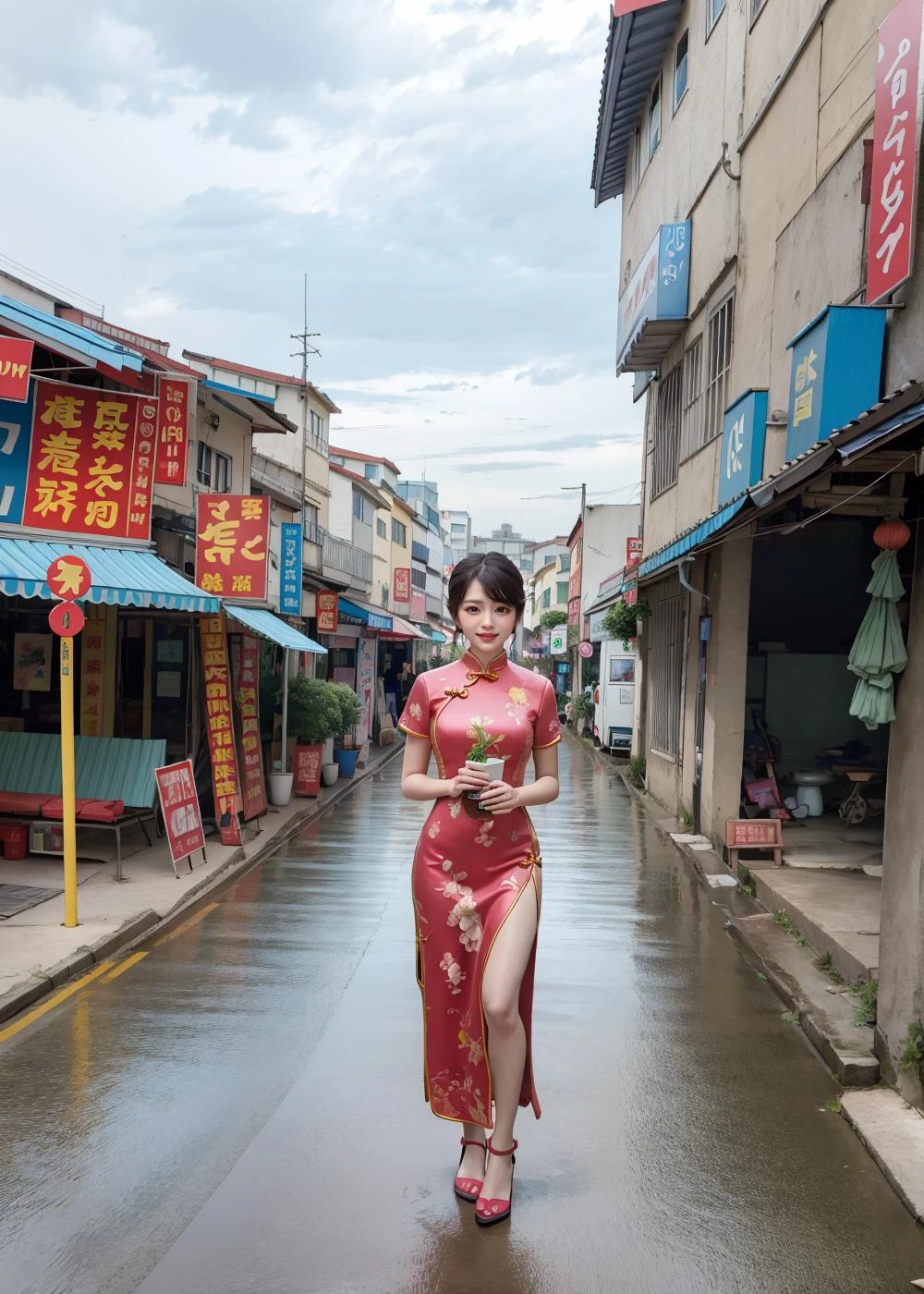 ultra high res, photo, 4k, absurdres, (incredible absurdity), ((masterpiece, best quality)), (wallpaper), (8k hd),perfect_anatomy, realistic, <lora:QinzhouOldtown-15:1>, town, street, 1girl, cheongsam