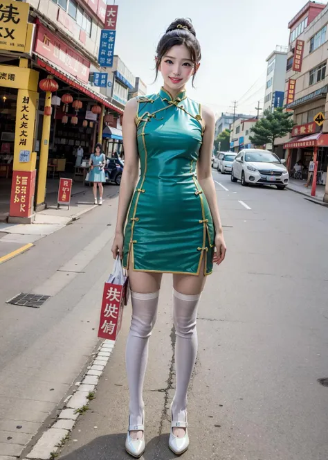 ultra high res, photo, 4k, absurdres, (incredible absurdity), ((masterpiece, best quality)), (wallpaper), (8k hd),perfect_anatomy, realistic,look the viewer, ((smile)), ((full body picture)),((chinese custume,short cheongsam, white stockings, gatherbelt)), realistic, smile, looking at viewer ,<lora:QinzhouOldtown-15:1>, building, realistic, city, vehicle focus, outdoors, real world location, traditional media, day, road, sign,<lora:feet:0.8> ,<lora:GoodHands-beta2:1>