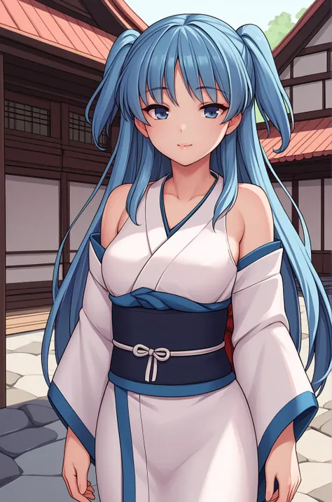 1girl, solo, highly detailed, illustration, suzume \(rance\), outdoors, village, east asian architecture, standing, leaning forward, looking at viewer, japanese clothes, short kimono, thighhighs, cleavage, large breasts, smile, <lora:Suzume:0.8>, (kbxll:0.6), masterpiece, best quality