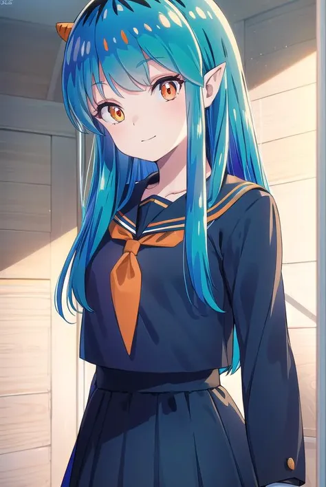 uruseiyatsuralum, <lora:urusei yatsura lum s1-lora-nochekaiser:1>,
lum, long hair, bangs, blue hair, (orange eyes:1.5), horns, pointy ears, aqua hair, oni horns, eyeshadow, smile, (small breasts:1.2),
BREAK shirt, long sleeves, school uniform, serafuku, sailor collar, neckerchief, yellow neckerchief, shirt, blue shirt, blue sailor collar, blue skirt,
BREAK indoors, classroom,
BREAK looking at viewer, (cowboy shot:1.5),
BREAK <lyco:GoodHands-beta2:1>, (masterpiece:1.2), best quality, high resolution, unity 8k wallpaper, (illustration:0.8), (beautiful detailed eyes:1.6), extremely detailed face, perfect lighting, extremely detailed CG, (perfect hands, perfect anatomy),