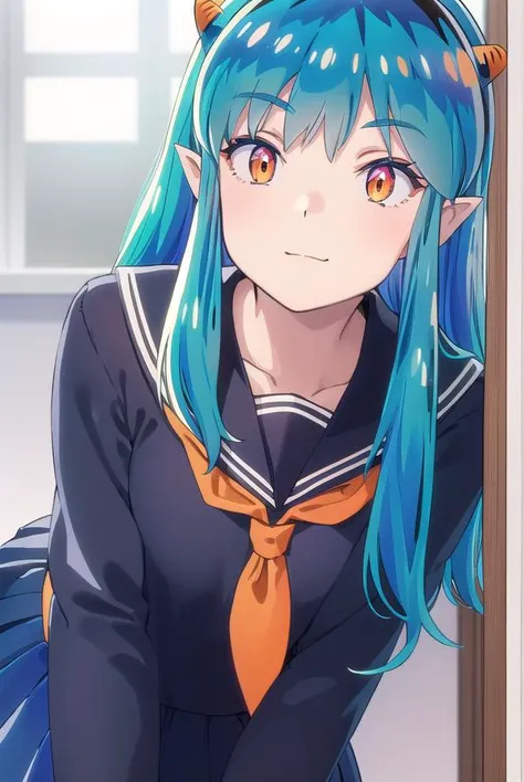 uruseiyatsuralum, <lora:urusei yatsura lum s1-lora-nochekaiser:1>,
lum, long hair, bangs, blue hair, (orange eyes:1.5), horns, pointy ears, aqua hair, oni horns, eyeshadow, smile, (small breasts:1.2),
BREAK shirt, long sleeves, school uniform, serafuku, sailor collar, neckerchief, yellow neckerchief, shirt, blue shirt, blue sailor collar, blue skirt,
BREAK indoors, classroom,
BREAK looking at viewer, (cowboy shot:1.5),
BREAK <lyco:GoodHands-beta2:1>, (masterpiece:1.2), best quality, high resolution, unity 8k wallpaper, (illustration:0.8), (beautiful detailed eyes:1.6), extremely detailed face, perfect lighting, extremely detailed CG, (perfect hands, perfect anatomy),